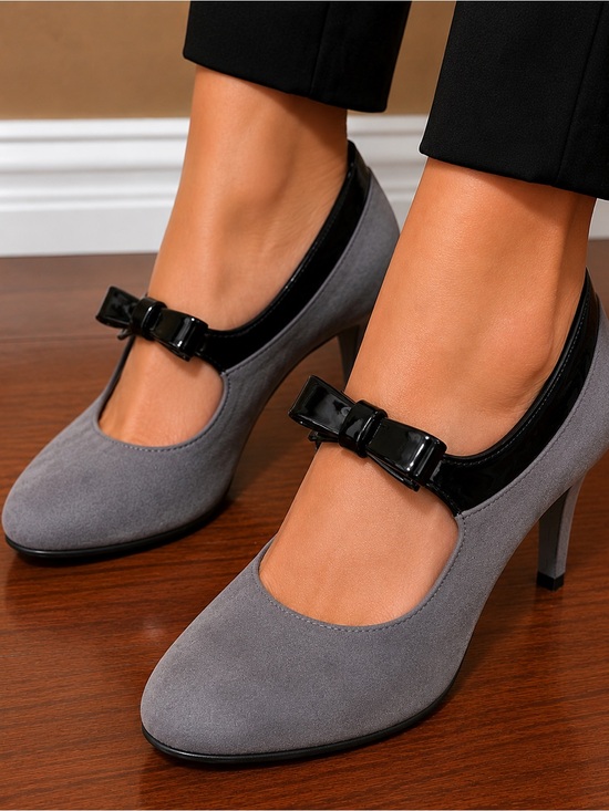 Liz Claiborne Shoes - Liz Claiborne Grey Suede Mary Jane Heels with Black Patent Trim and Bow